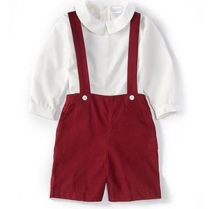 Edgehill Collection Peter Pan Collar Long Sleeve Top & Suspender Shortall Set